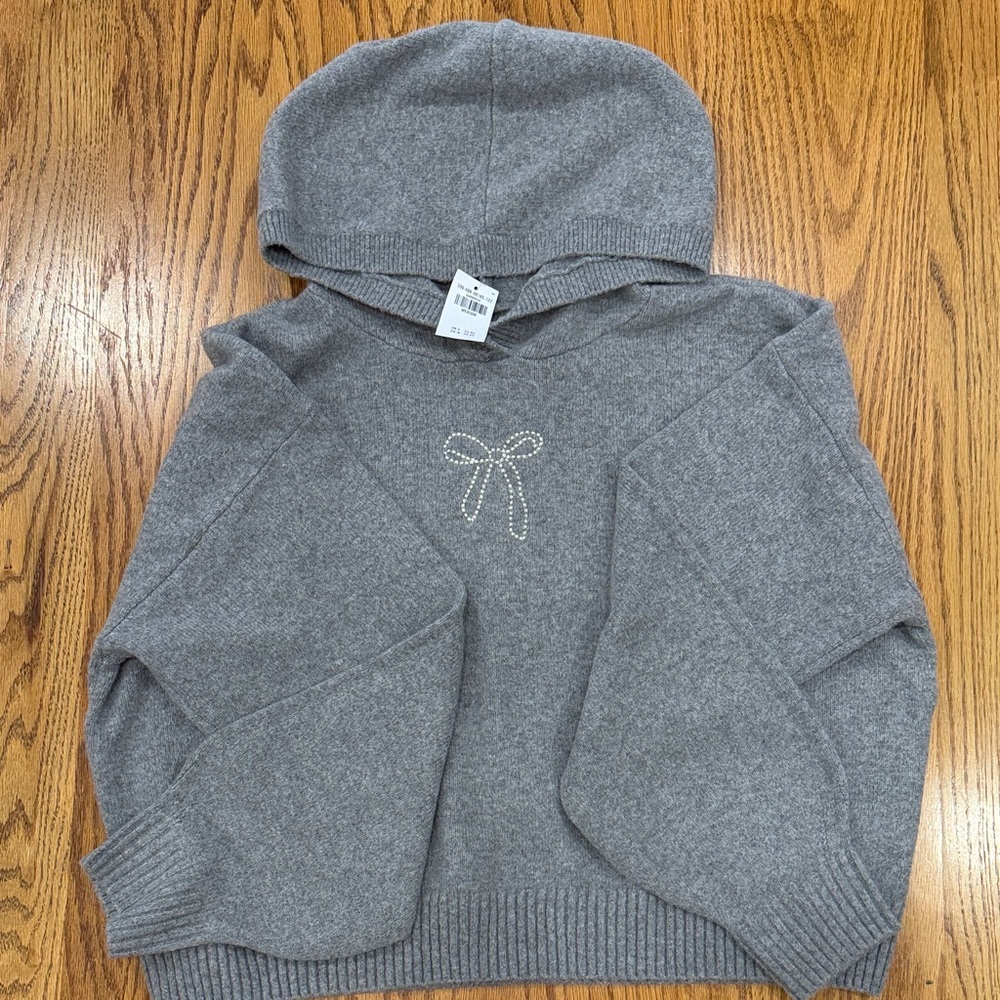 Gray Hooded Sweater with Bow Detail